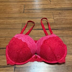 Victoria's Secret Dream Angels Plunge Bra 2 Tone Lace Pink Red Padded 38D